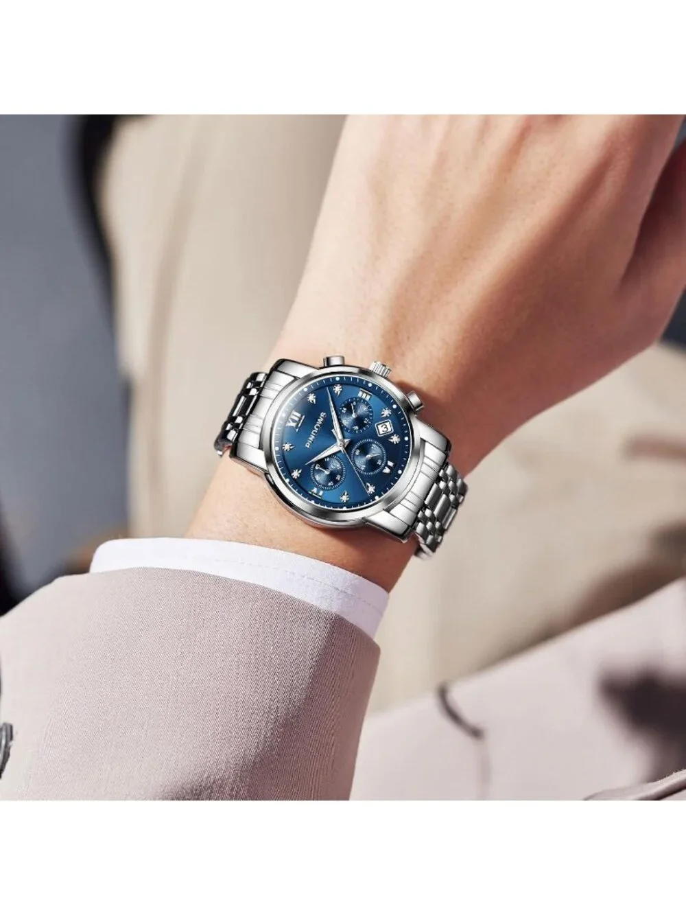 Men's Silver Blue Classic Quartz Watch Stainless Steel Diamond Dial Wrist Watch